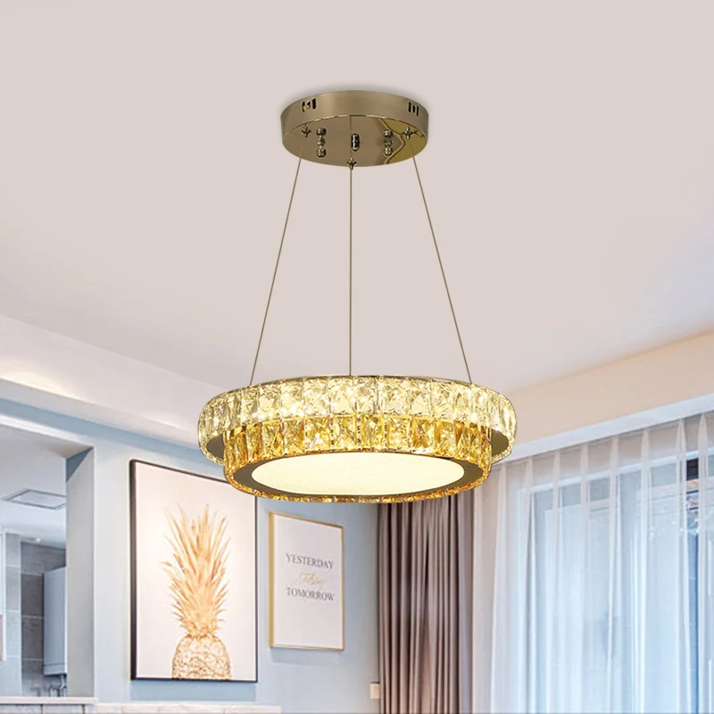 2-laags ronde LED-hanglamp moderne gouden kristallen ingebedde kroonluchter voor eetkamer, 16 "/23,5"/31,5 "diam. Clearhalo