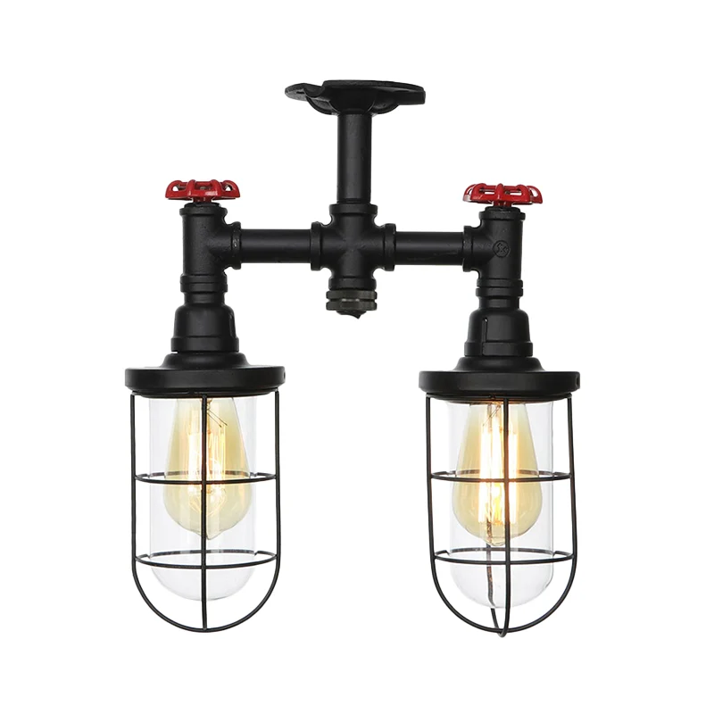 2-lampen inbouw boerderij draadkooi helder glas halfverzonken plafondarmatuur zwart Clearhalo