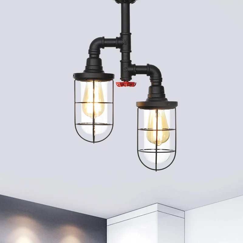 2-lampen inbouw boerderij draadkooi helder glas halfverzonken plafondarmatuur zwart Clearhalo