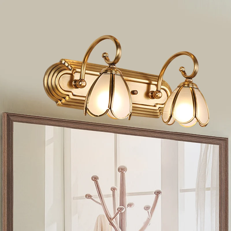2-lamps wandgemonteerde ijdelheidslamp koloniale bloesem crèmekleurige glazen wandkandelaar verlichting goud Clearhalo