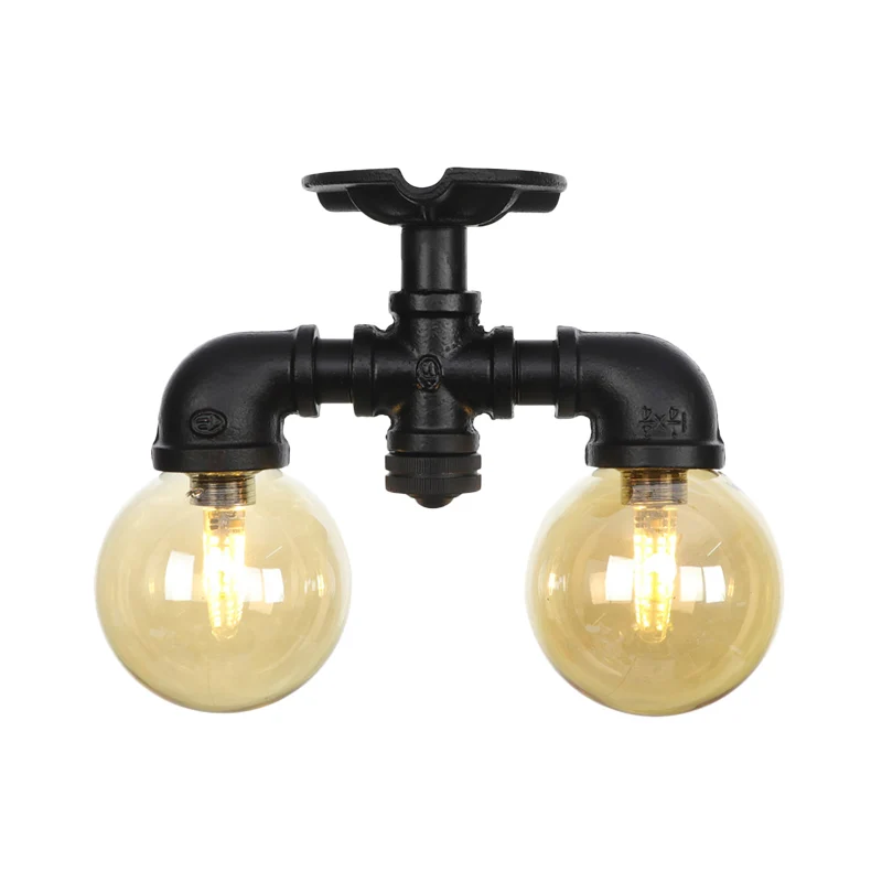 2-lichts amberkleurig glazen semi-inbouw antieke zwarte bol hal plafondlamp armatuur Clearhalo