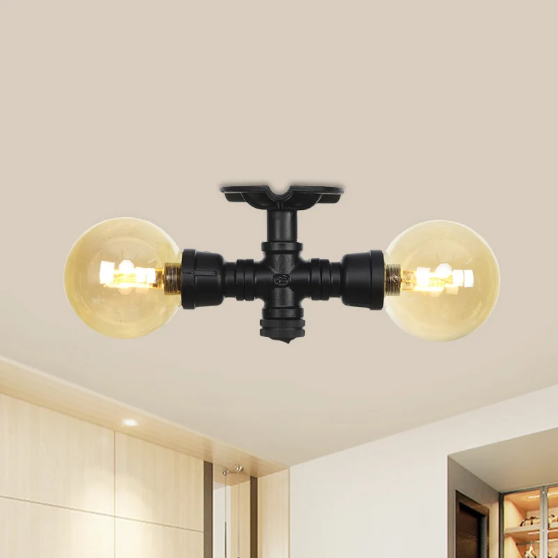 2-lichts amberkleurig glazen semi-inbouw antieke zwarte bol hal plafondlamp armatuur Clearhalo