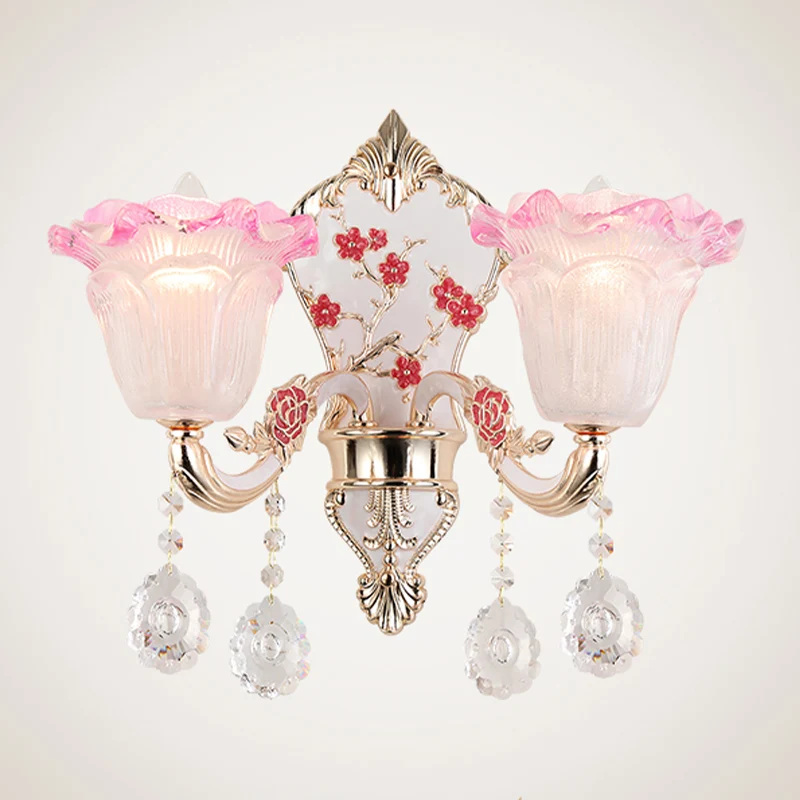 2-lichts ruche wandverlichtingsarmatuur moderne roze-witte glazen schanslamp met hangend kristal Clearhalo