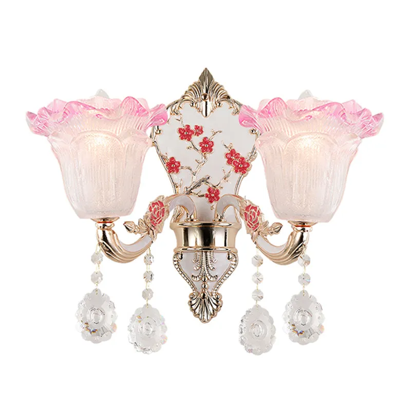 2-lichts ruche wandverlichtingsarmatuur moderne roze-witte glazen schanslamp met hangend kristal Clearhalo