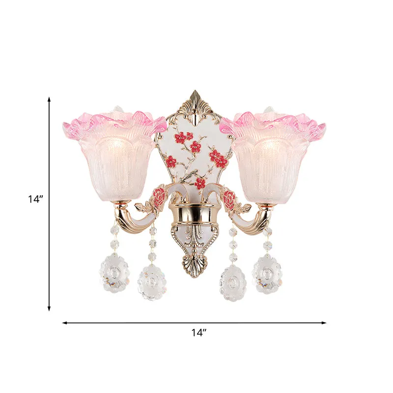 2-lichts ruche wandverlichtingsarmatuur moderne roze-witte glazen schanslamp met hangend kristal Clearhalo