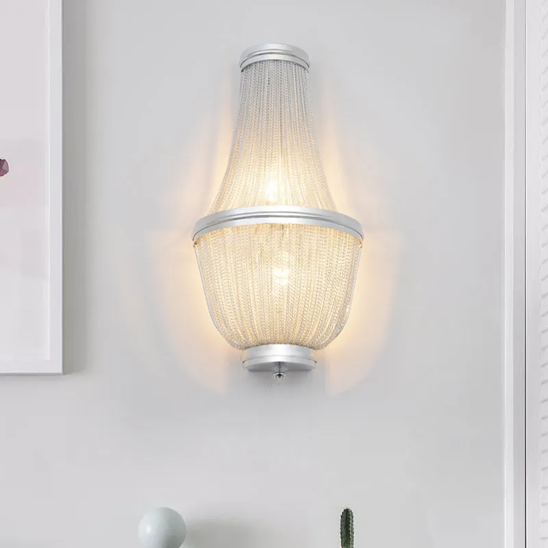 2-lichts wandkandelaar uit het midden van de eeuw met de hand geweven kwastjesrand aluminium inbouwwandlamp koffie/zilver...