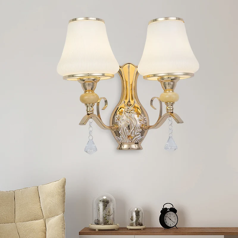 2-lichts wandkandelaarverlichting met belscherm geribbeld glas Scandinavische woonkamer wandgemonteerd lichtarmatuur goud...
