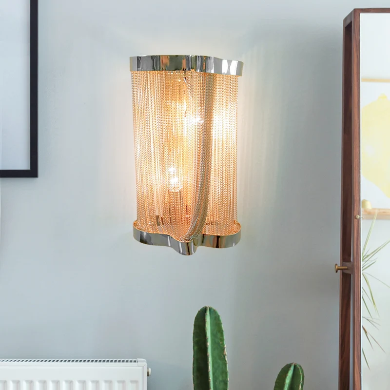 2-lichts wandlamp met kwastjes, vintage aluminium wandlamp met cilinderkap goud/zilver Clearhalo