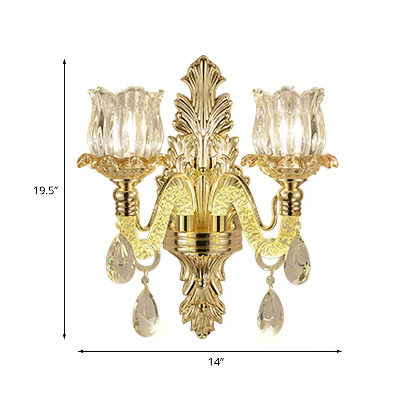 2-lichts wandmontage verlichting vintage bloemknop helder gesneden glazen wandlampset goud Clearhalo