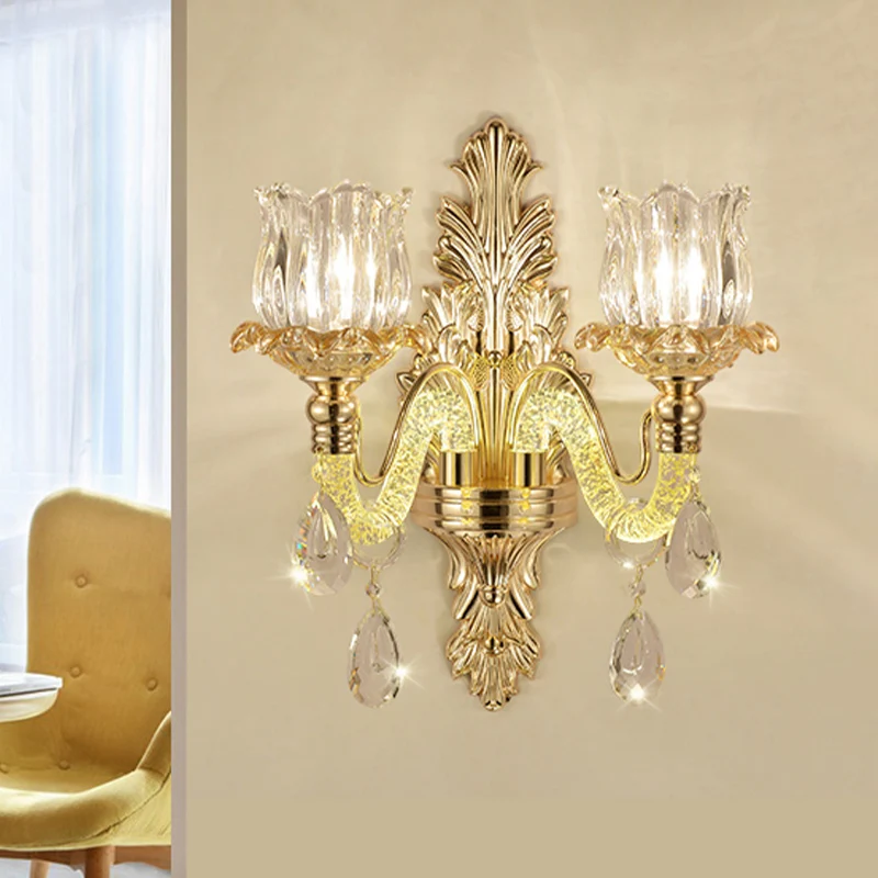 2-lichts wandmontage verlichting vintage bloemknop helder gesneden glazen wandlampset goud Clearhalo