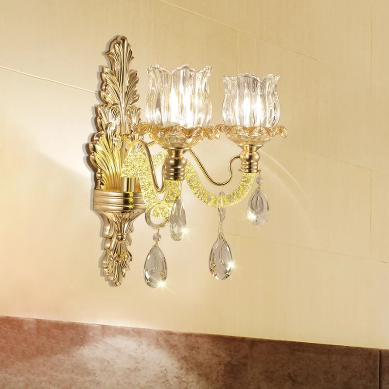 2-lichts wandmontage verlichting vintage bloemknop helder gesneden glazen wandlampset goud Clearhalo
