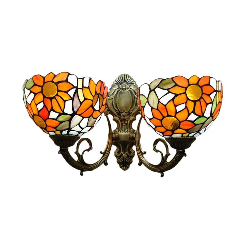 2-lichts zonnebloem wandverlichting Lodge wandkandelaar met glazen kap oranje/geel Clearhalo