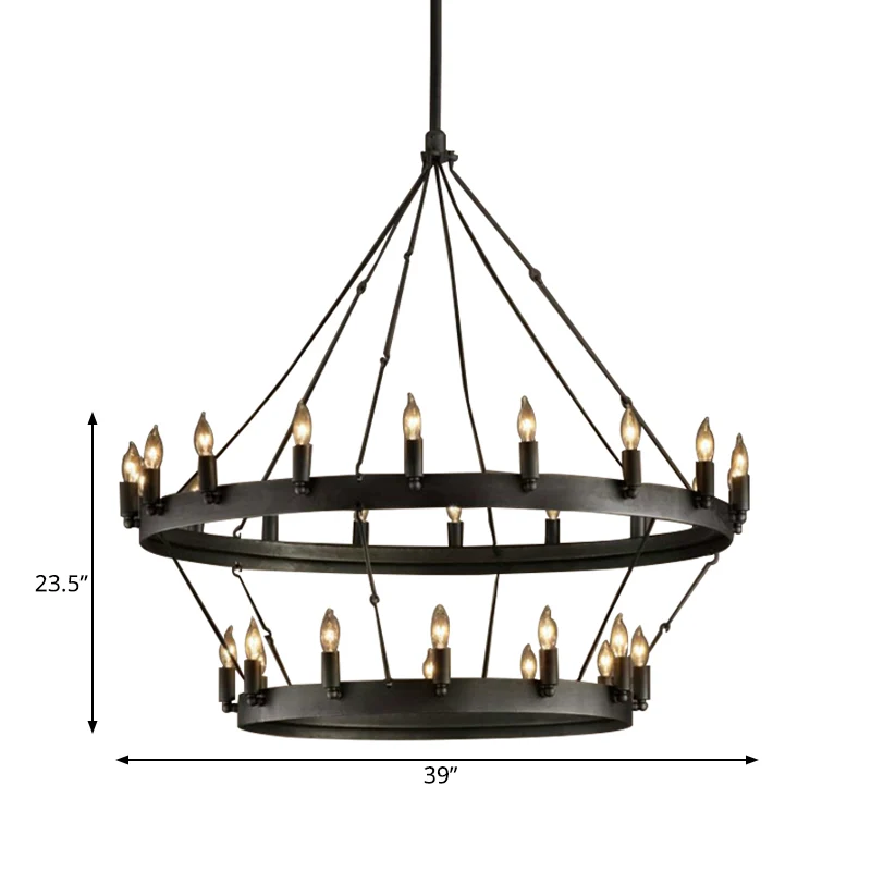 30-lichts hanglamp kaarsstijl Platteland Zwart metalen kroonluchterverlichting met ronde ring Clearhalo