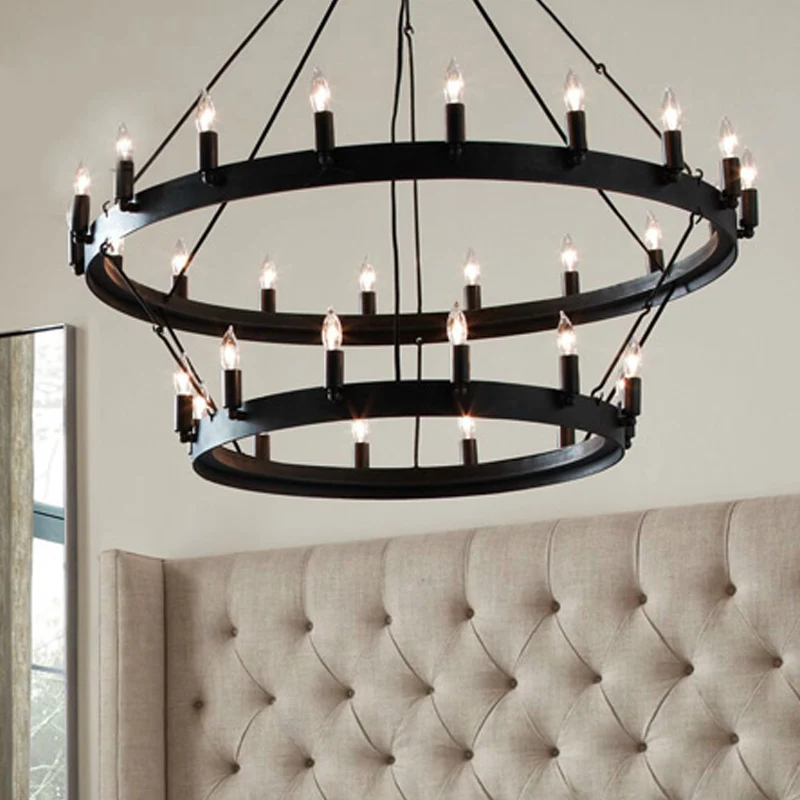 30-lichts hanglamp kaarsstijl Platteland Zwart metalen kroonluchterverlichting met ronde ring Clearhalo