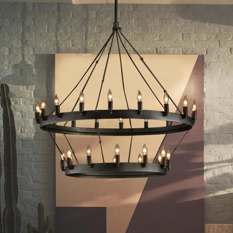 30-lichts hanglamp kaarsstijl Platteland Zwart metalen kroonluchterverlichting met ronde ring Clearhalo