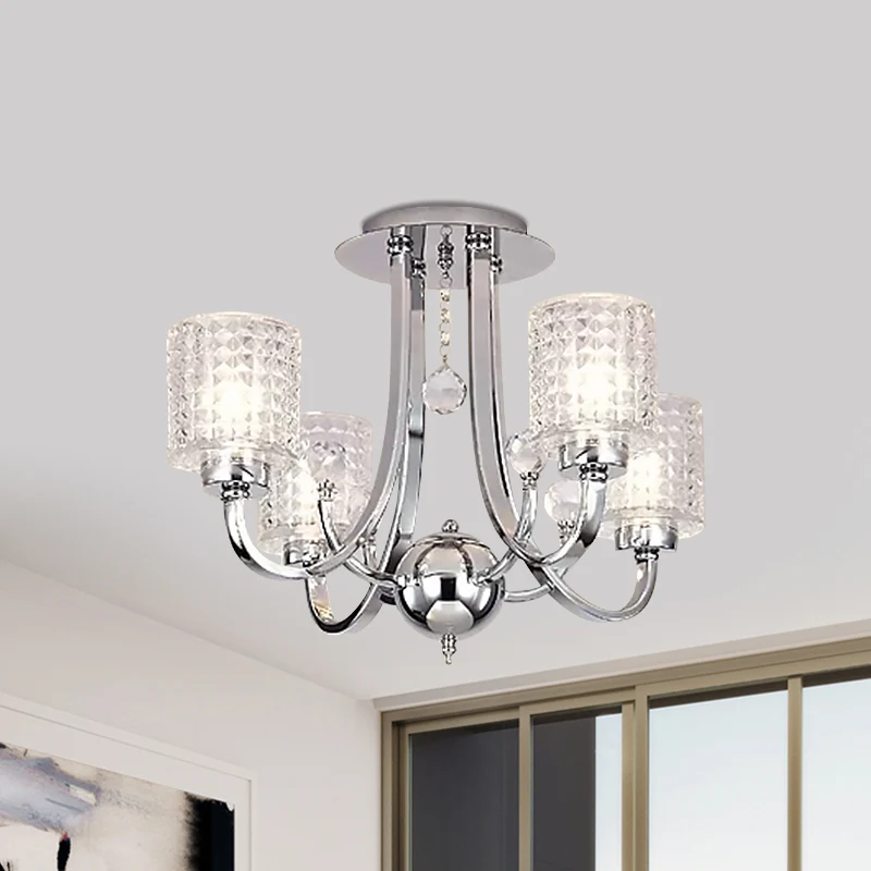 3/4/6 Lampen Wervelarm Semi Flush Modern Chroom Metaal Plafondmontage Armatuur Met Cilinder Kristallen Schaduw Clearhalo