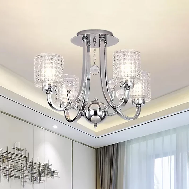 3/4/6 Lampen Wervelarm Semi Flush Modern Chroom Metaal Plafondmontage Armatuur Met Cilinder Kristallen Schaduw Clearhalo