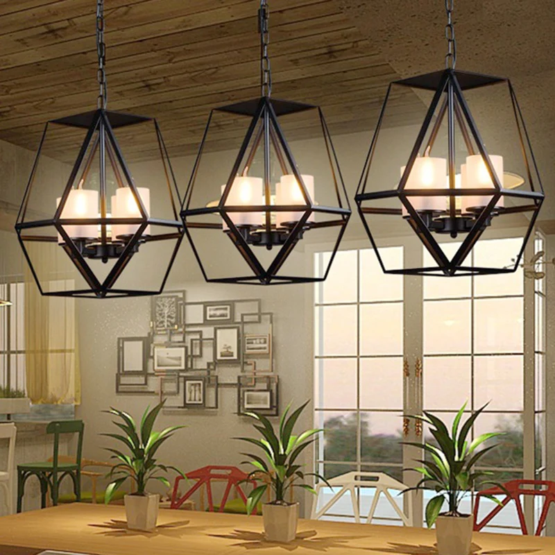 3/4-lichts plafondlamp Traditionele geometrische matglazen hangende kroonluchter zwart met cilinderkap Clearhalo