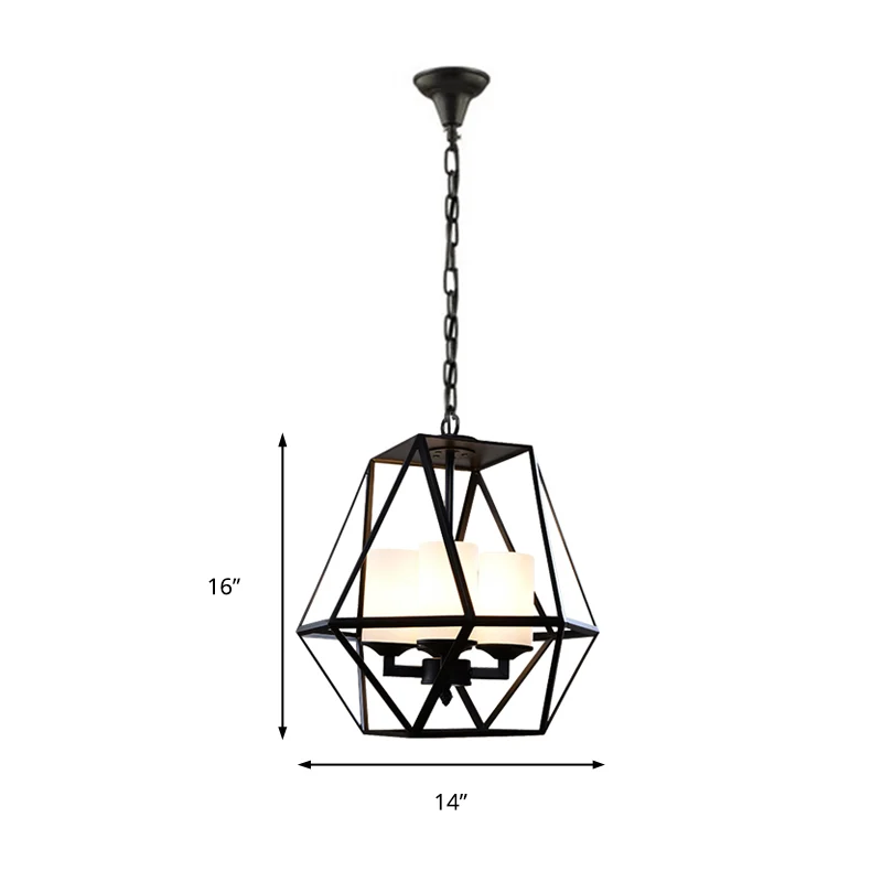 3/4-lichts plafondlamp Traditionele geometrische matglazen hangende kroonluchter zwart met cilinderkap Clearhalo