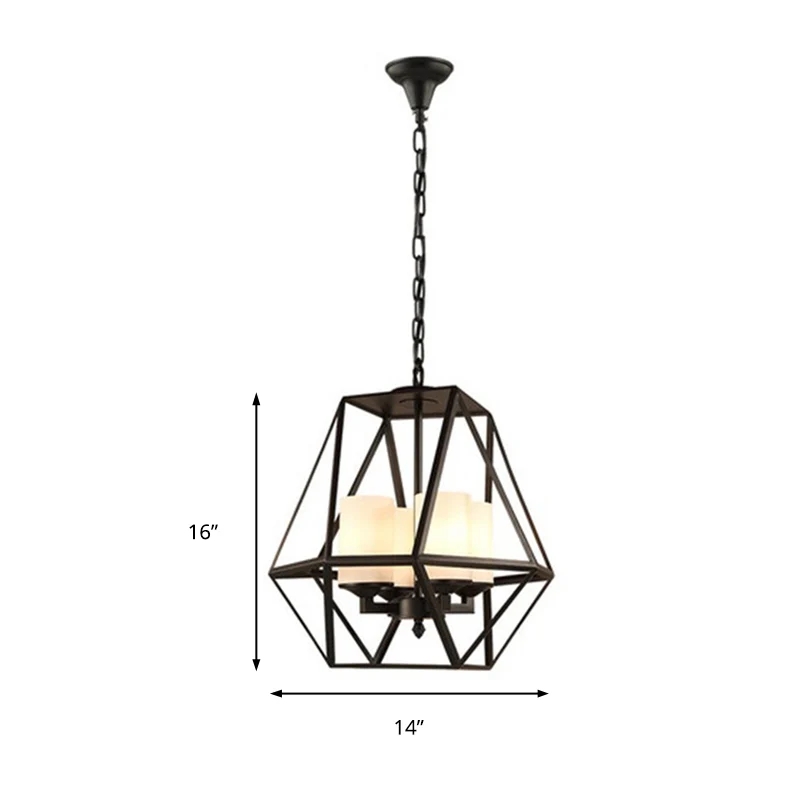 3/4-lichts plafondlamp Traditionele geometrische matglazen hangende kroonluchter zwart met cilinderkap Clearhalo