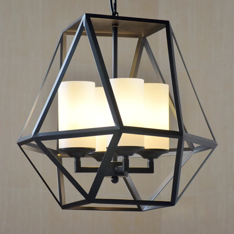 3/4-lichts plafondlamp Traditionele geometrische matglazen hangende kroonluchter zwart met cilinderkap Clearhalo
