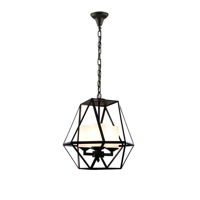 3/4-lichts plafondlamp Traditionele geometrische matglazen hangende kroonluchter zwart met cilinderkap Clearhalo