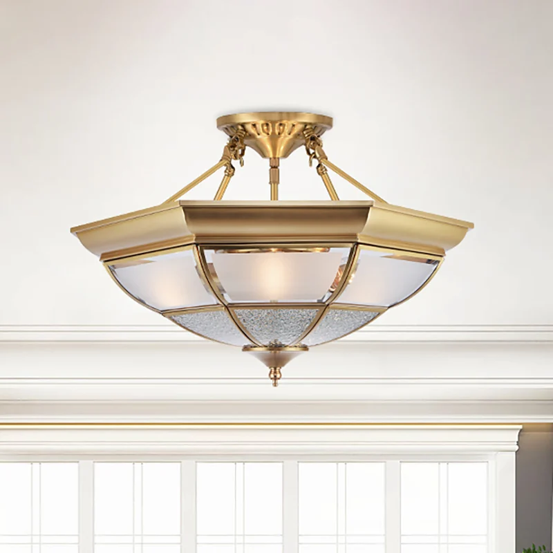 3/4-lichts wit glas semi-inbouw kolonialistische messing omgekeerde woonkamer dicht bij plafondverlichting, 16"/19,5" W Cl...