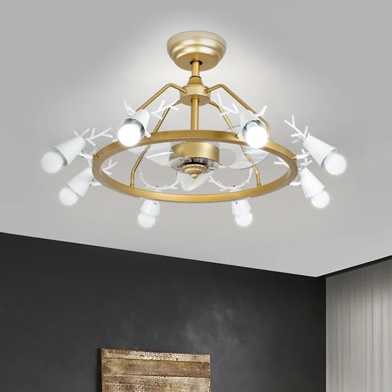 35,5" brede taps toelopende ring semi-inbouwlamp modernistisch acryl 8-lamps gouden 3-bladige hangende ventilatorlicht met...