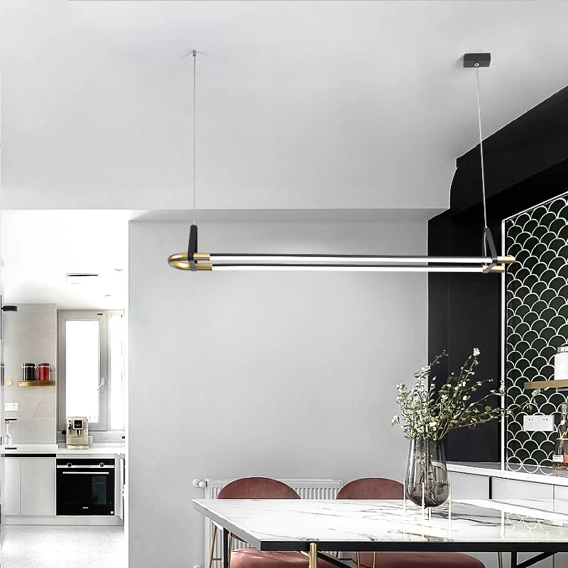 35,5"/47" brede lineaire hangende plafondlamp moderne stijl 1-lichts zwarte hanglampset Clearhalo