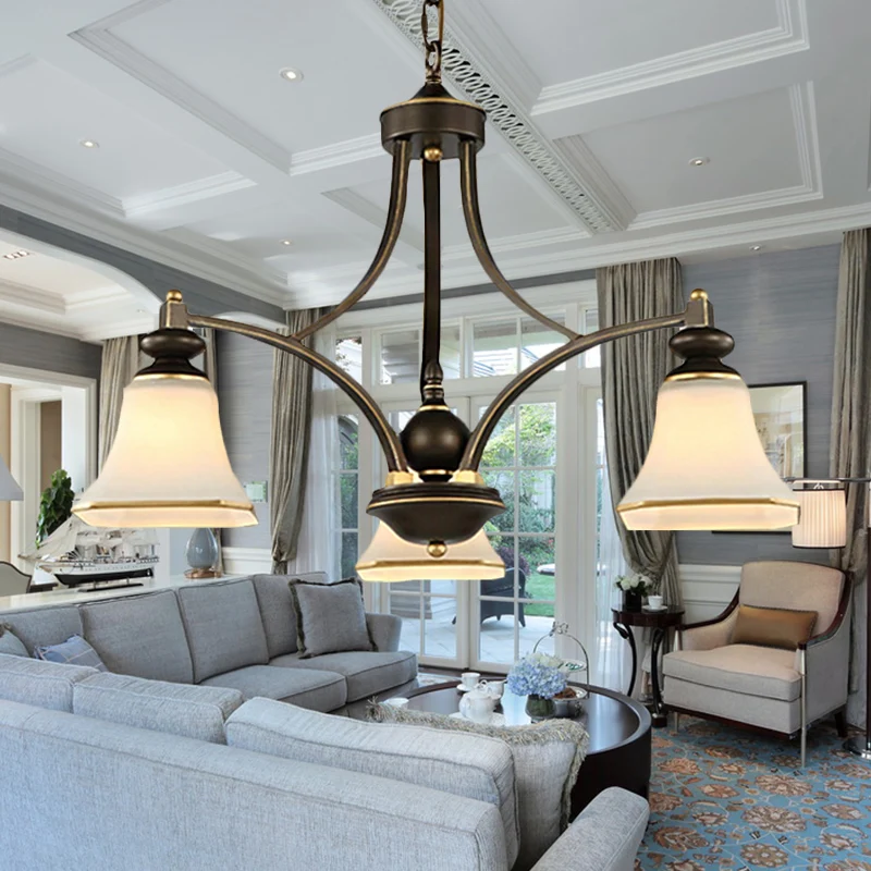 3/5/6 lampen bel schaduw kroonluchter klassiek antiek messing matglazen hanglamp Clearhalo