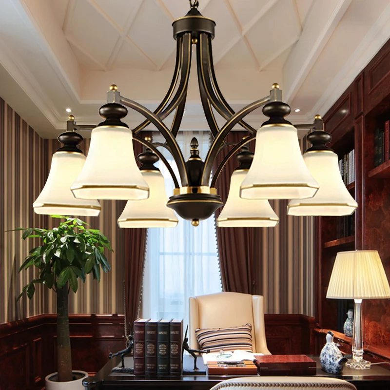 3/5/6 lampen bel schaduw kroonluchter klassiek antiek messing matglazen hanglamp Clearhalo