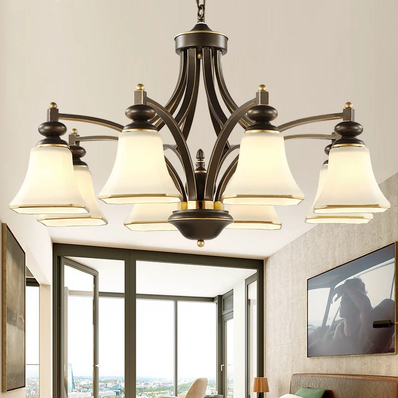 3/5/6 lampen bel schaduw kroonluchter klassiek antiek messing matglazen hanglamp Clearhalo