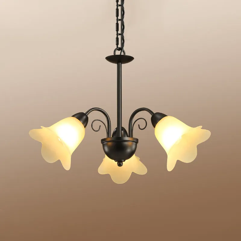 3/5/6 lampen eetkamer kroonluchter retro zwarte afwerking plafond hangende verlichting met bloemvormige melkachtige glazen...