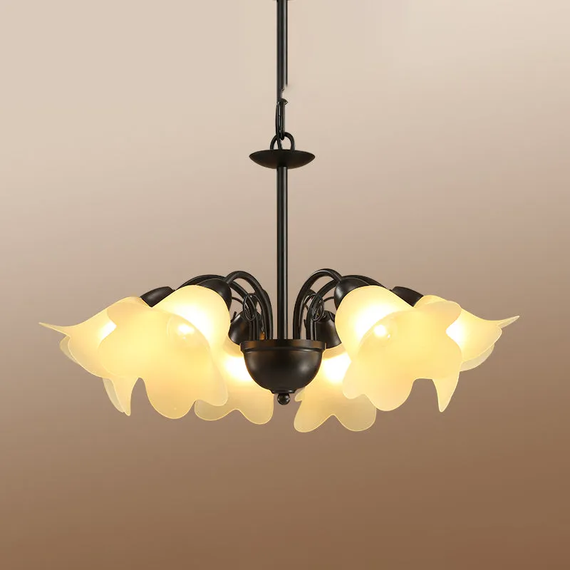 3/5/6 lampen eetkamer kroonluchter retro zwarte afwerking plafond hangende verlichting met bloemvormige melkachtige glazen...