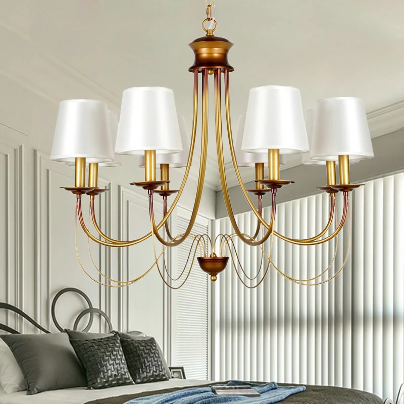 3/5/6 lampen messing afwerking hangende kroonluchter traditionele conische plafondlamp met witte stoffen lampenkap Clearhalo
