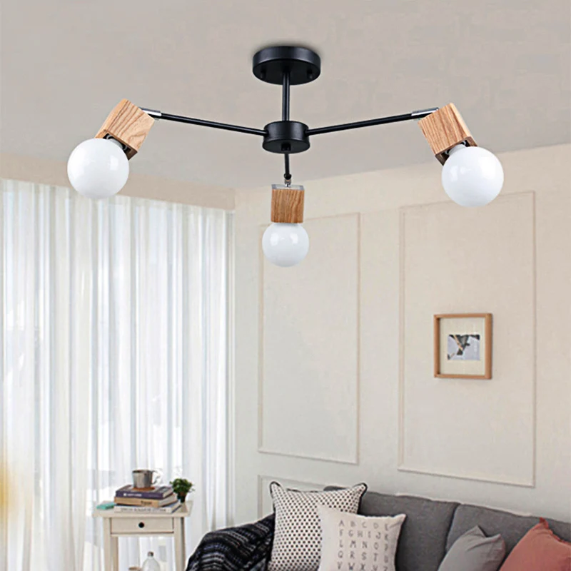 3/5-lichts plafondlamp loft industriële open lamp metaal semi-inbouwlamp hout voor slaapkamer Clearhalo