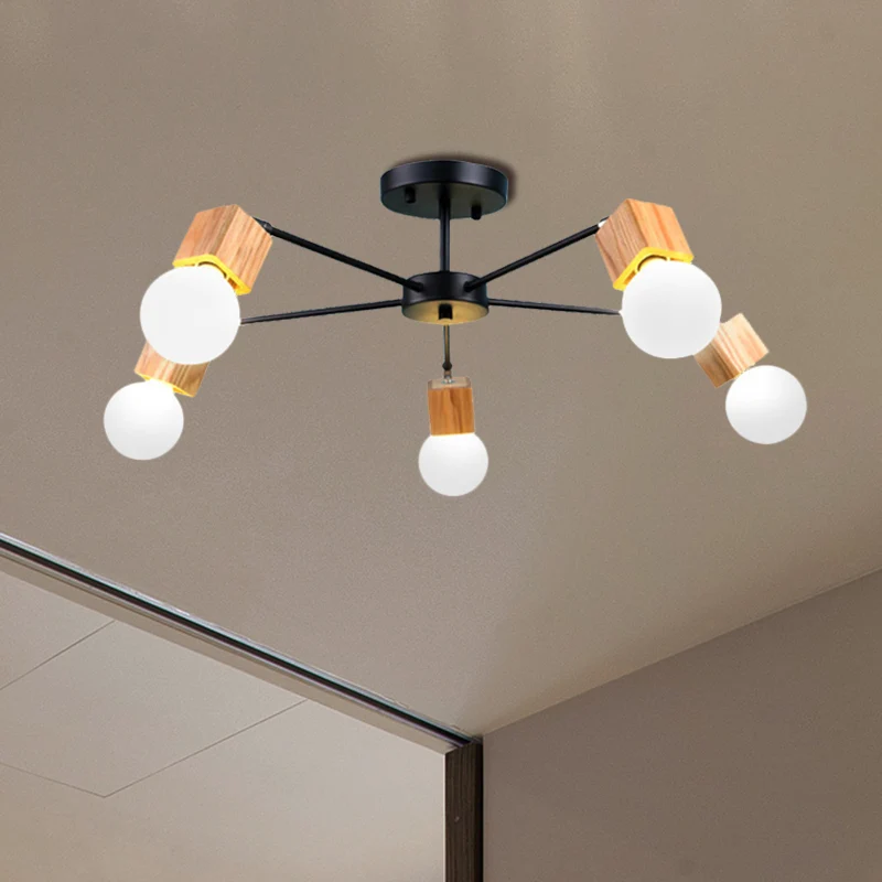 3/5-lichts plafondlamp loft industriële open lamp metaal semi-inbouwlamp hout voor slaapkamer Clearhalo