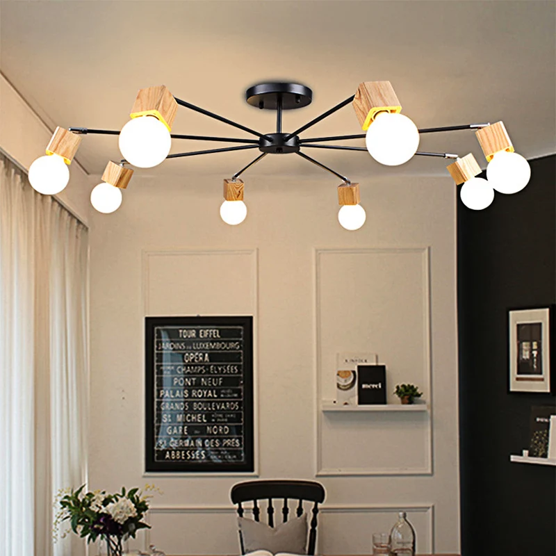 3/5-lichts plafondlamp loft industriële open lamp metaal semi-inbouwlamp hout voor slaapkamer Clearhalo