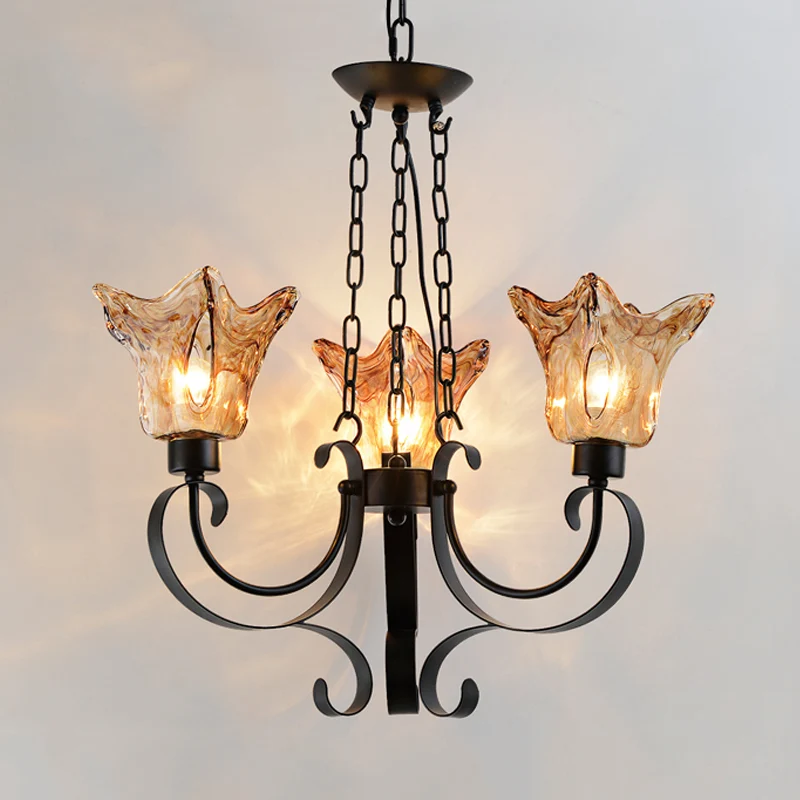 3/6/8 lampen plafondlamp scroll amberglas klassieke woonkamer kroonluchter hanglamp met bloemenkap Clearhalo