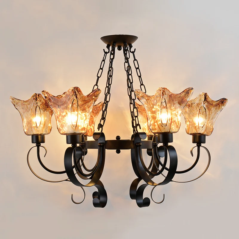 3/6/8 lampen plafondlamp scroll amberglas klassieke woonkamer kroonluchter hanglamp met bloemenkap Clearhalo