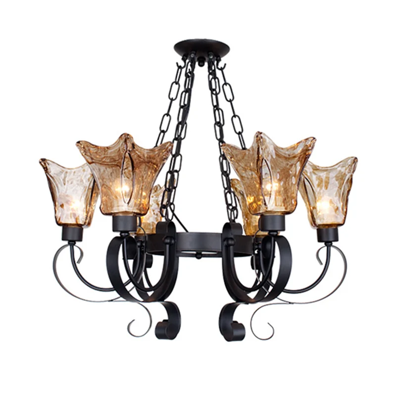 3/6/8 lampen plafondlamp scroll amberglas klassieke woonkamer kroonluchter hanglamp met bloemenkap Clearhalo
