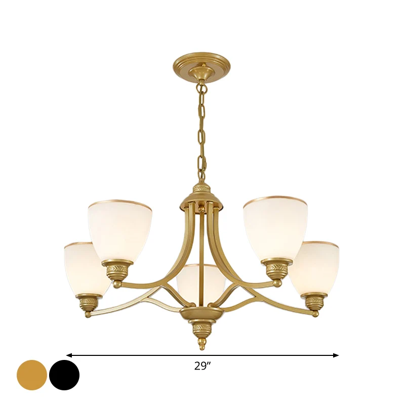 3/6/8-lichts melkachtige glazen kroonluchter, klassieke zwart/gouden bel, eetkamer hanglamp Clearhalo
