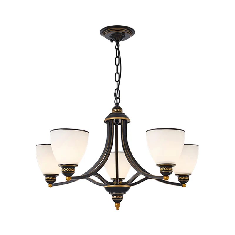 3/6/8-lichts melkachtige glazen kroonluchter, klassieke zwart/gouden bel, eetkamer hanglamp Clearhalo