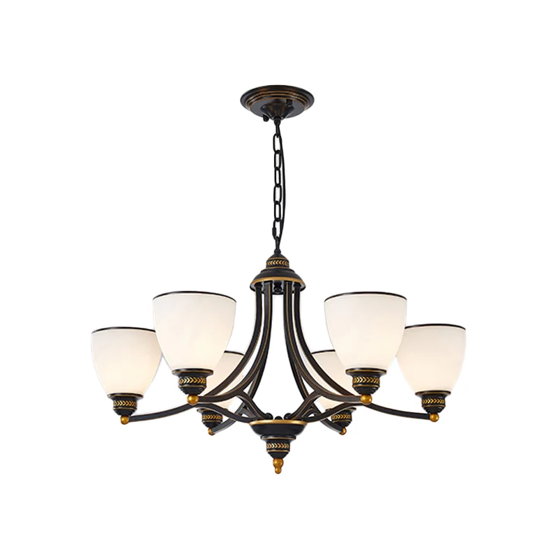 3/6/8-lichts melkachtige glazen kroonluchter, klassieke zwart/gouden bel, eetkamer hanglamp Clearhalo