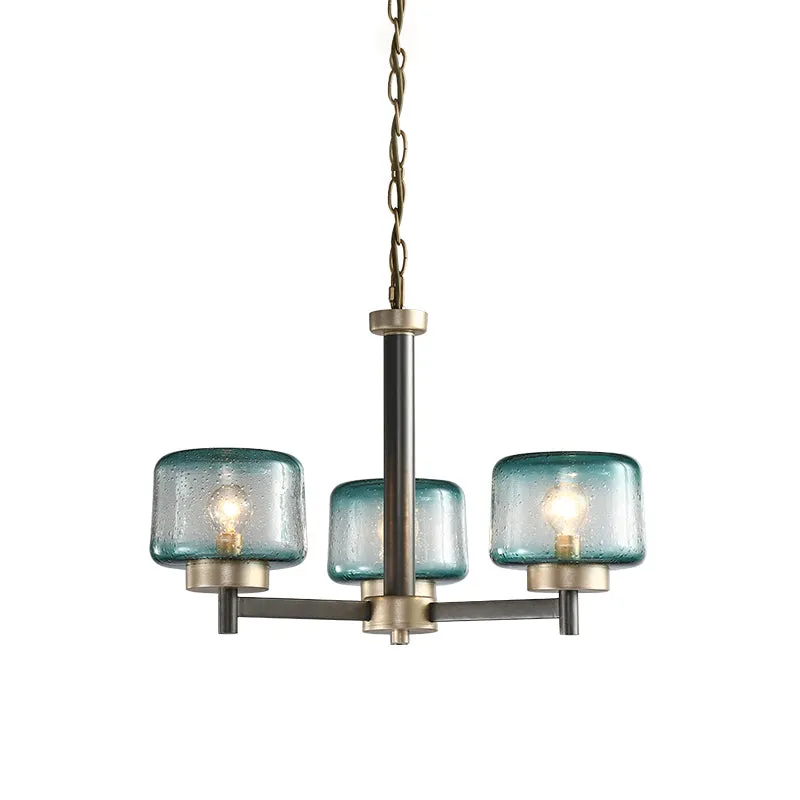 3/6-lichts eetkamer kroonluchter post moderne grijze radiale hanglamp met trommelblauwe gezaaide glazen kap Clearhalo