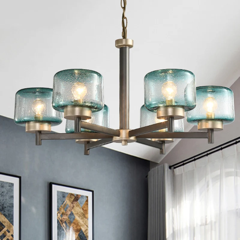 3/6-lichts eetkamer kroonluchter post moderne grijze radiale hanglamp met trommelblauwe gezaaide glazen kap Clearhalo