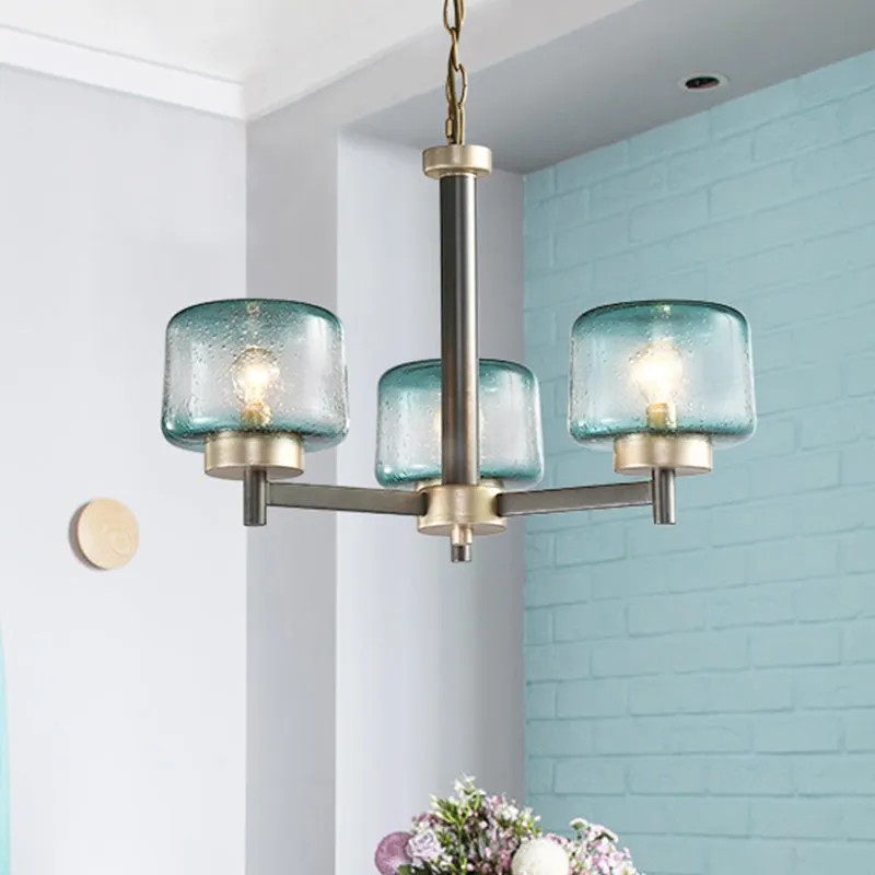 3/6-lichts eetkamer kroonluchter post moderne grijze radiale hanglamp met trommelblauwe gezaaide glazen kap Clearhalo
