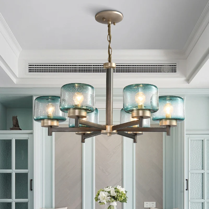 3/6-lichts eetkamer kroonluchter post moderne grijze radiale hanglamp met trommelblauwe gezaaide glazen kap Clearhalo