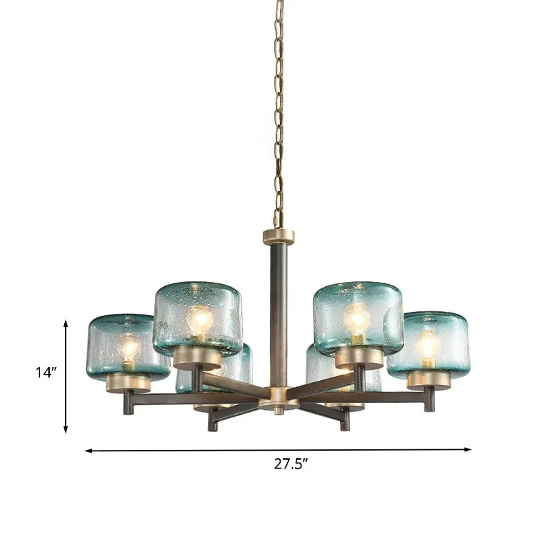 3/6-lichts eetkamer kroonluchter post moderne grijze radiale hanglamp met trommelblauwe gezaaide glazen kap Clearhalo