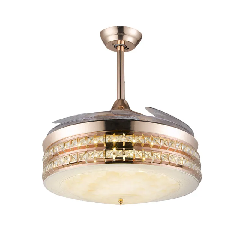 3-bladige LED-plafondventilator voor inbouw, eenvoudige slaapkamer, semi-inbouw met trommelkristal ingelegde kap goud, 42,...